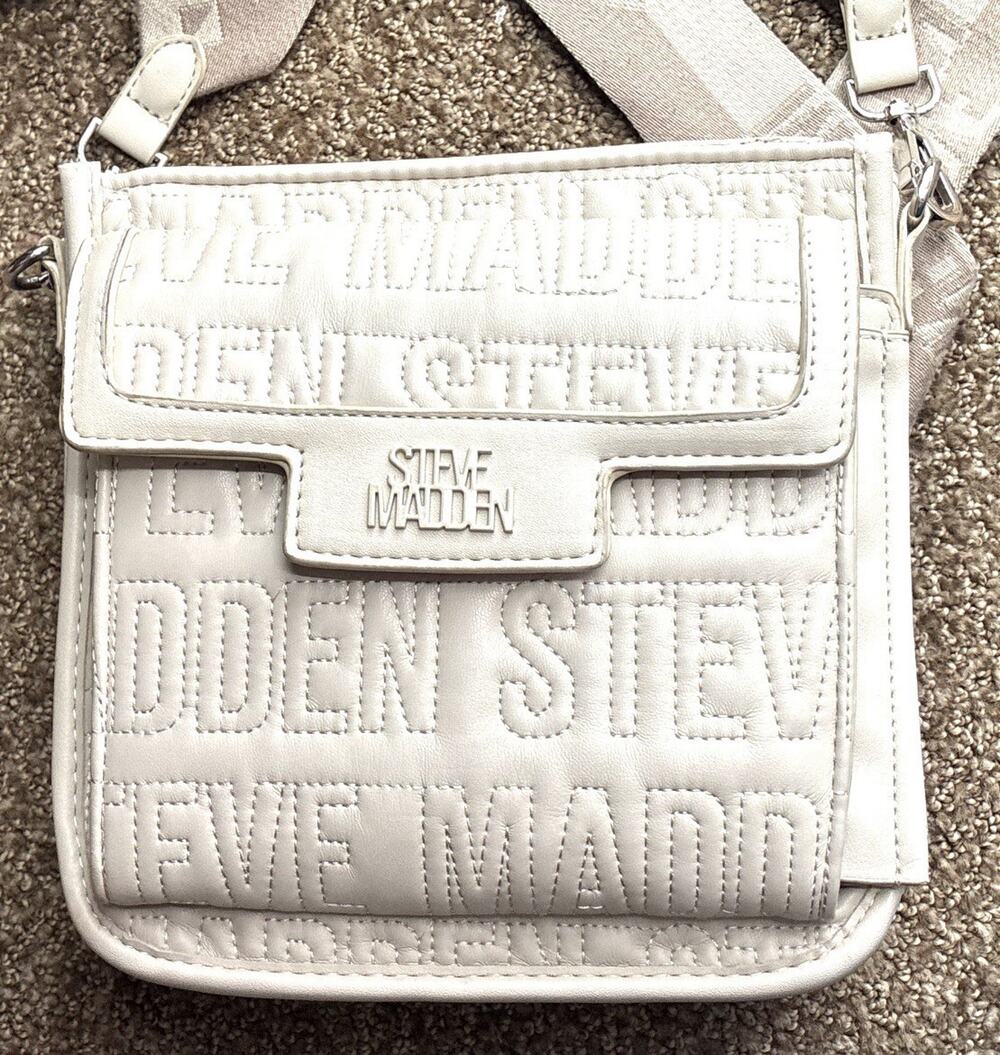 Steve Madden Ivory Logo Embossed Crossbody Bag Vegan Leather Adj Strap